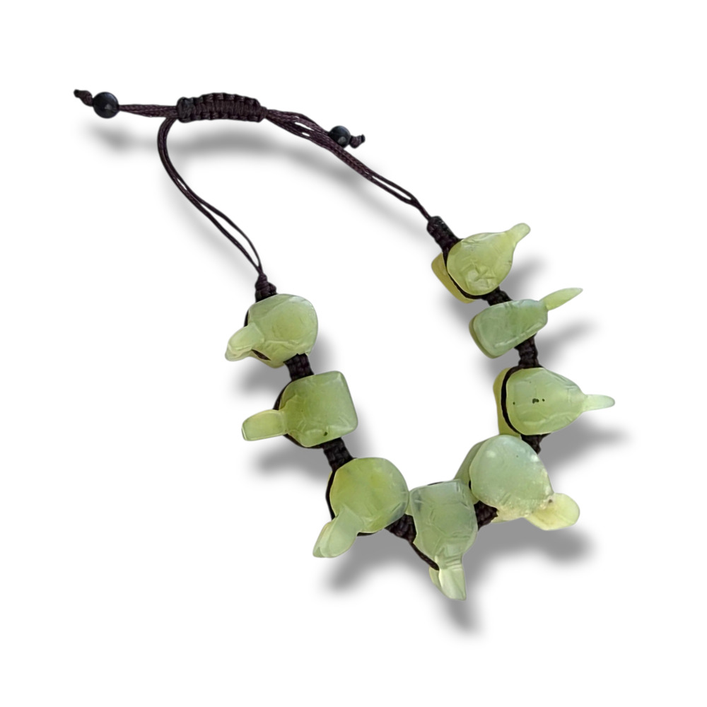 Handmade Jade stone turtle carved beaded macrame bracelet green boho coastal